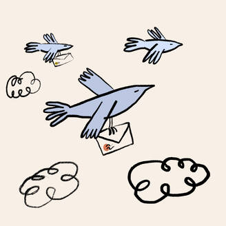 Simple linear art of illustration with flying blue birds carrying envelopes on white background - ADSF45627