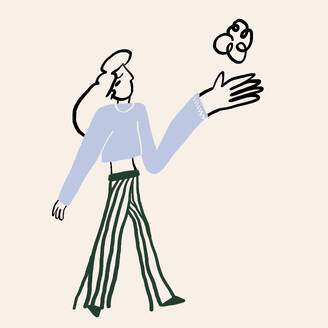 Linear art drawing of woman with big arm holding simple flower on white background - ADSF45629