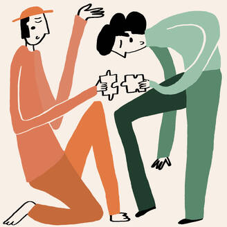 Creative simple drawing of man and woman in orange and green clothes assembling puzzles on white background - ADSF45634