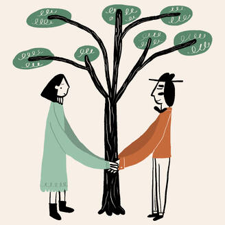 Illustration of man and woman standing around tree and holding hands on white background - ADSF45635