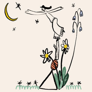 Simple surreal drawing of person reaching to moon standing on log on flower against white background - ADSF45637