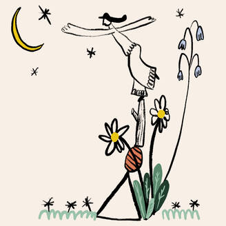 Simple surreal drawing of person reaching to moon standing on log on flower against white background - ADSF45637