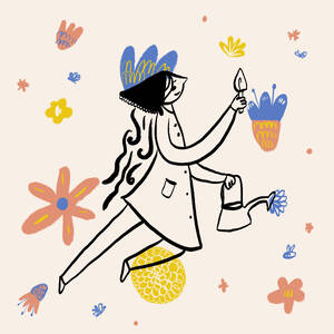 Creative illustration of woman with gardening shovel and watering can levitating among colorful flowers - ADSF45645