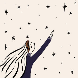 Simple image of female with long hair pointing up at glowing star on white background - ADSF45651