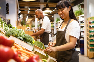 Side view of positive young African American female apron standing near stall with assorted vegetables and smiling while looking down - ADSF45667