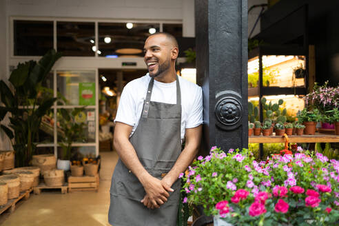 Positive young African American male florist in apron smiling and looking away while standing near blooming flowers during work day in floristry shop - ADSF45673