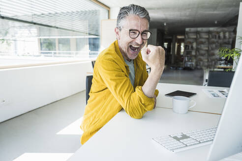 Cheerful businessman cheering and working on desktop PC - UUF29641