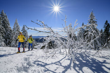 Pärchen beim Skifahren an einem sonnigen Tag - ANSF00439