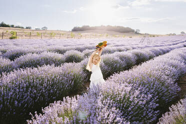 Playful girl holding pinwheel toy in lavender field - SIF00707