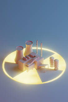 3D-Rendering eines Kernkraftwerksmodells, das auf einem radioaktiven Warnsymbol steht - GCAF00366