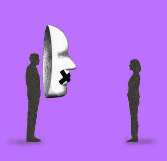 Illustration of couple standing face to face with man hiding behind oversized mask with taped mouth - GWAF00231