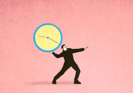 Illustration of man throwing clock symbolizing deadline - GWAF00237