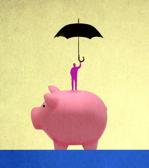 Illustration eines Mannes, der mit einem Regenschirm auf einem übergroßen Sparschwein steht - GWAF00240