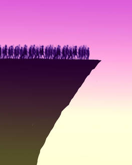 Illustration of crowd of people walking towards cliff edge - GWAF00244