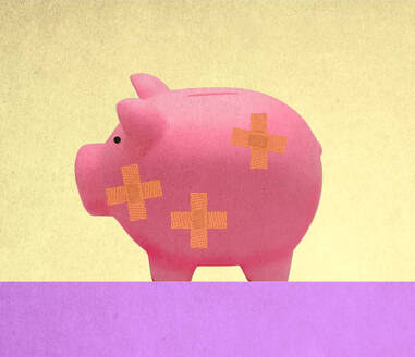 Illustration of piggy bank covered in adhesive bandages - GWAF00245