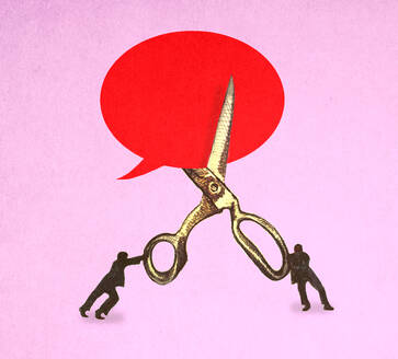 Illustration of two men cutting blank speech bubble with oversized scissors - GWAF00246