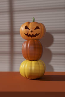 Plastic jack o lantern on top of two pumpkins - MSMF00068