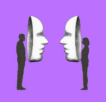 Illustration eines Mannes und einer Frau mit überdimensionalen Masken, die einander gegenüberstehen - GWAF00253