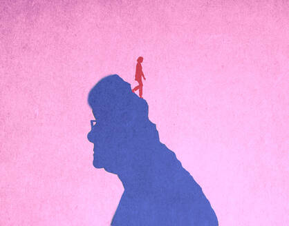 Illustration of woman walking down deteriorating head of senior woman suffering from Alzheimers disease - GWAF00255