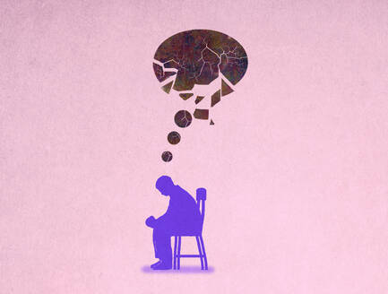 Illustration eines Mannes, der unter einer geplatzten Gedankenblase sitzt - GWAF00258