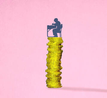 Illustration of schoolboy writing at desk balancing on stack of coins symbolizing education costs - GWAF00260