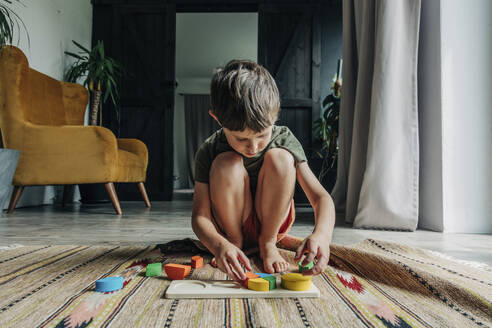 Junge spielt mit Spielzeugblöcken, die auf dem Teppich zu Hause hocken - VSNF01240