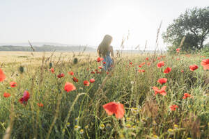 Mädchen mit langen Haaren steht inmitten von Mohnpflanzen im Feld - AAZF00807