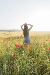 Girl with hands in hair standing amidst poppy plants in field - AAZF00812