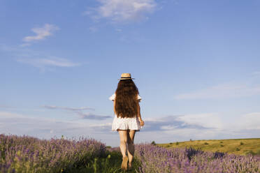 Young woman wearing straw hat walking in lavender field - ONAF00593