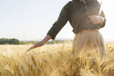 Agronom hält Tablet-PC und berührt Gerstenkulturen - AAZF00885