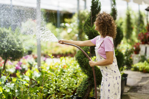 Florist watering plants through hose standing in nursery - JSMF02834