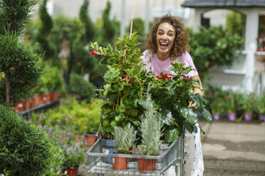 Happy florist with plants in trolley at nursery - JSMF02857
