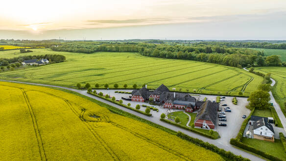 Dänemark, Syddanmark, Christiansfeld, Luftaufnahme eines Dorfes umgeben von Sommerfeldern bei Sonnenuntergang - AMF09936