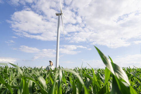 Agronom inmitten von Pflanzen vor einem Windrad auf einem Feld - EKGF00365