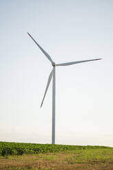 Windkraftanlage auf einem Feld an einem sonnigen Tag - EKGF00407