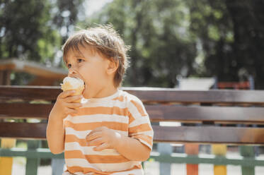 Nachdenklicher Junge isst Eis im Park - ANAF01839