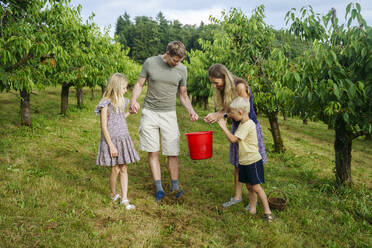 Familie hält roten Eimer im Garten - NJAF00479