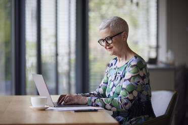 Senior woman using laptop at table at home - RBF09198