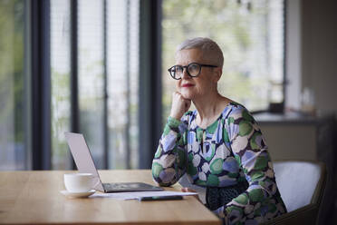 Senior woman sitting at table at home with laptop - RBF09202