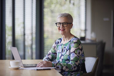 Smiling senior woman using laptop at table at home - RBF09203