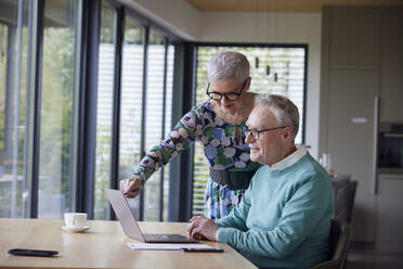 Älteres Paar benutzt Laptop am Tisch zu Hause - RBF09209