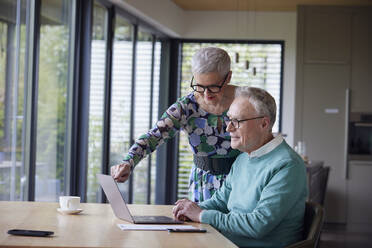 Senior couple using laptop at table at home - RBF09209