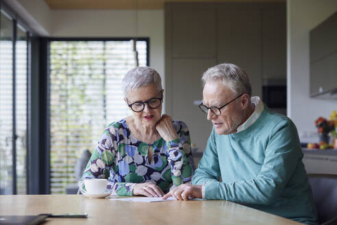 Senior couple sitting at table at home examining document - RBF09210