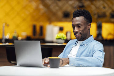 Smiling businessman using laptop at workplace - PGF01565