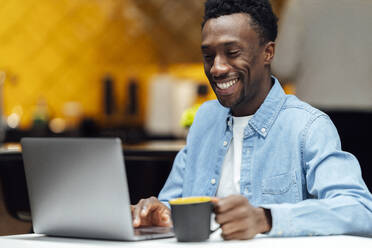 Happy businessman using laptop at workplace - PGF01567