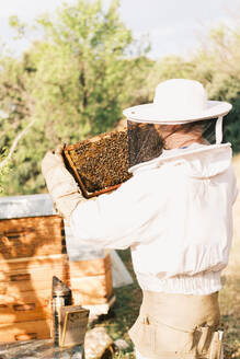 Back view of unrecognizable male beekeeper wearing protective costume standing in apiary with part of hive - ADSF45874