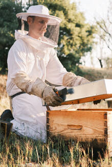 Side view of male beekeeper wearing protective costume sitting in apiary with part of hive - ADSF45875