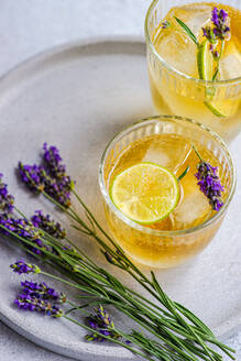 High angle of summer cocktail with vodka and lavandula served in glasses with ice and lime slice on white plate on blurred background - ADSF45887
