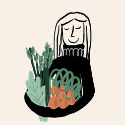 Creative vector illustration of positive woman carrying various plants and smiling against white background - ADSF45891