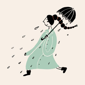 Vector illustration of side view of young female with long dark braid in trench coat walking on street with umbrella in hand on rainy day - ADSF45894